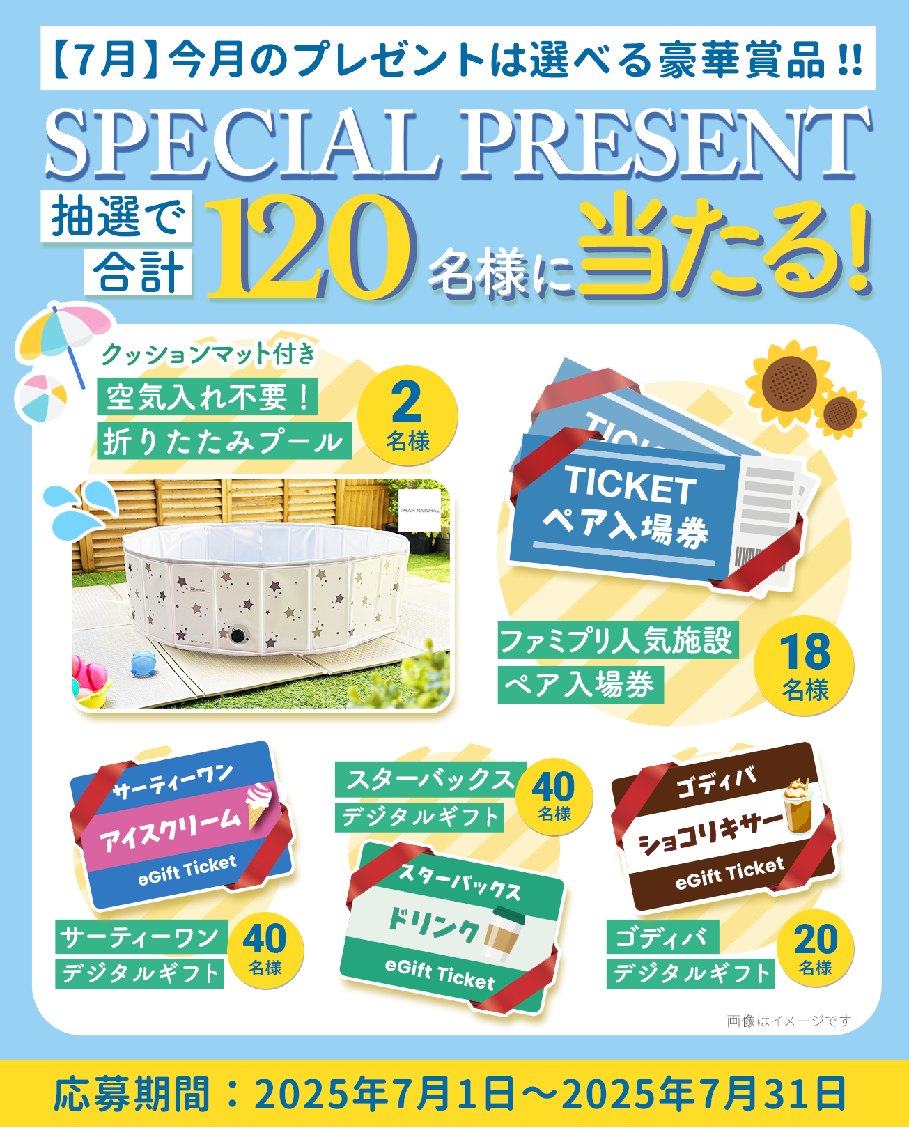今月のプレゼントは選べる豪華賞品！抽選で合計120名様に当たる！応募期間：2025年7月1日～7月31日
