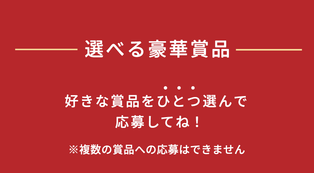 選べる豪華賞品 好きな賞品をひとつ選んで応募してね ※複数の賞品への応募はできません